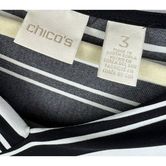 Chicos Tunic Top 3 US XL Black White Mixed Print Layered 3/4 Sleeve Stretch Art - Picture 2 of 6